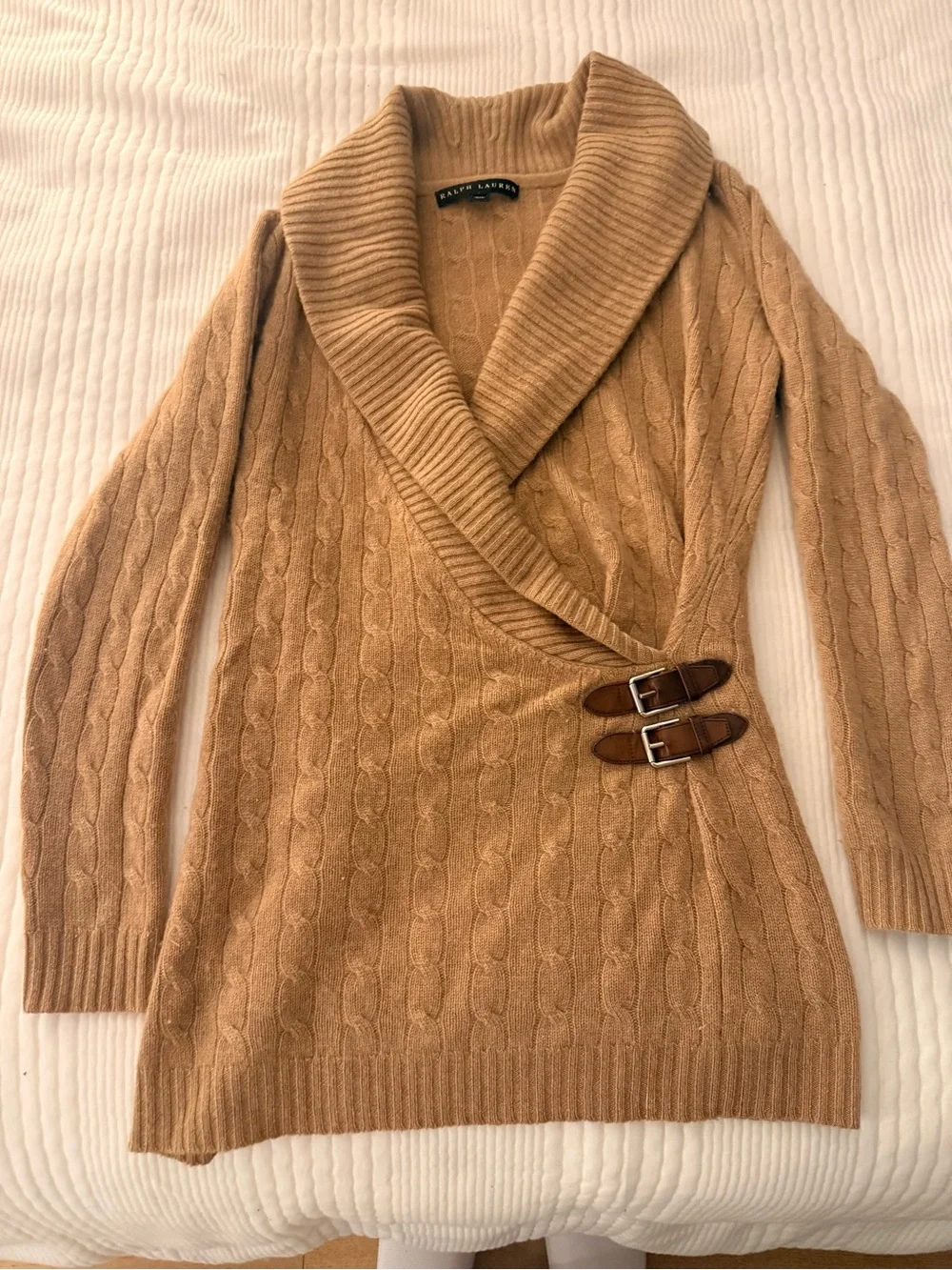 Ralph Lauren Tan Cashmere Cable-Knit Shawl Collar Cardigan with Buckle Tabs